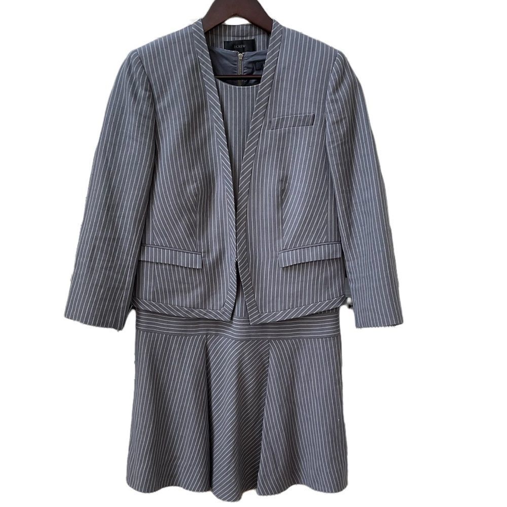 J.Crew Womens Drop Waist Pinstripe Gray Work Wool Dress and Jacket sz 4